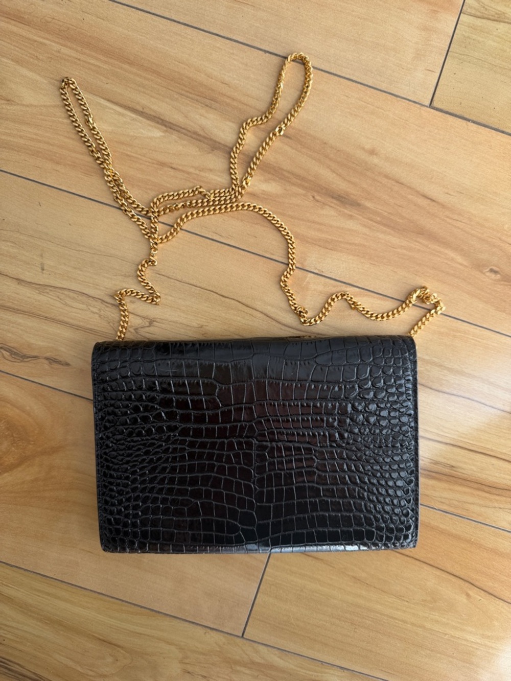 Saint Laurent Croc-Embossed Black Leather Chain Crossbody with Gold Hardware - Picture 2 of 4